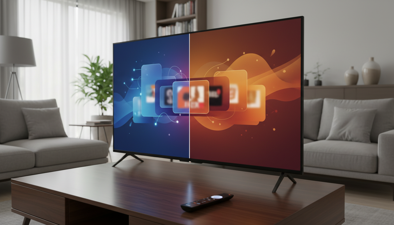 Two living-room TVs side by side displaying different streaming home screens for comparison