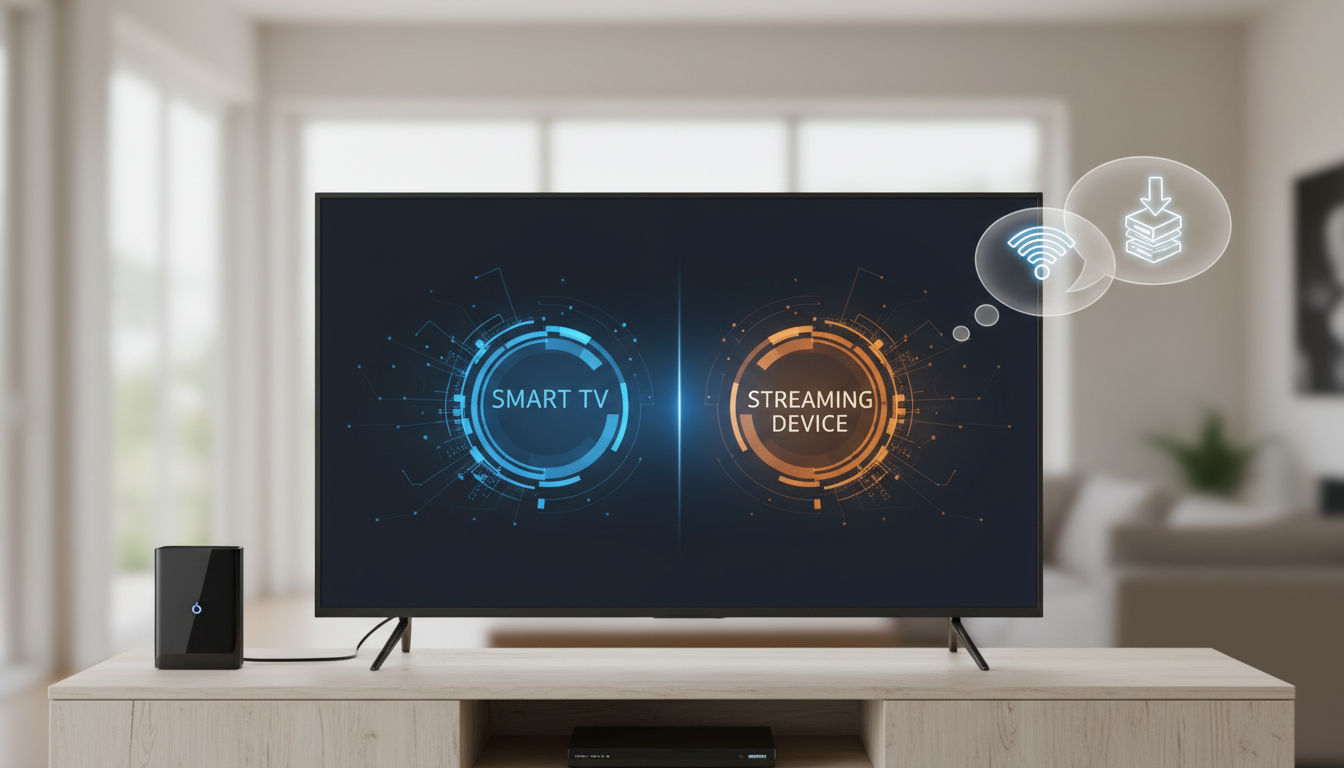 Living room with TV showing app tiles, a streaming stick and small streaming box on the coffee table beside a remote