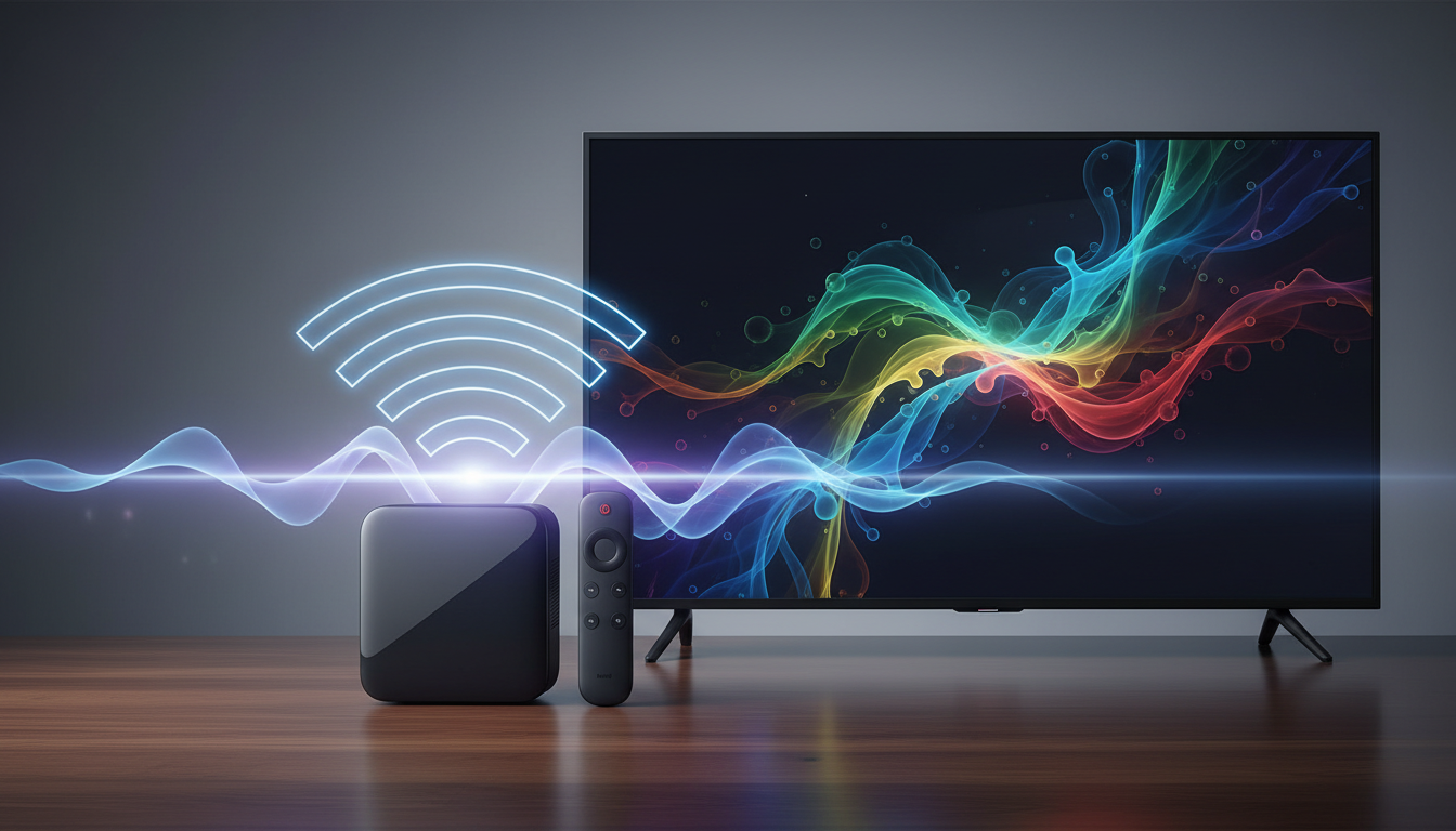 Living room with TV, unbranded streaming devices, and a voice remote highlighting key features to compare