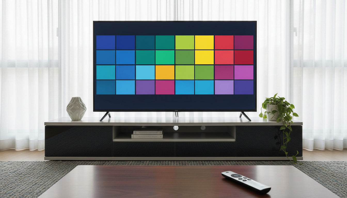 Living room TV displaying an organized home screen of streaming app tiles while a person holds a remote.