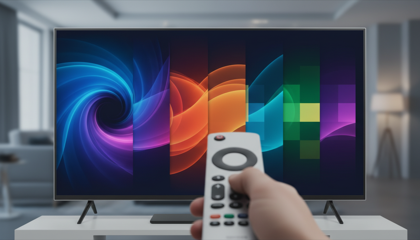 Hand holding a streaming remote pointed at a TV showing multiple app tiles, illustrating switching between streaming apps