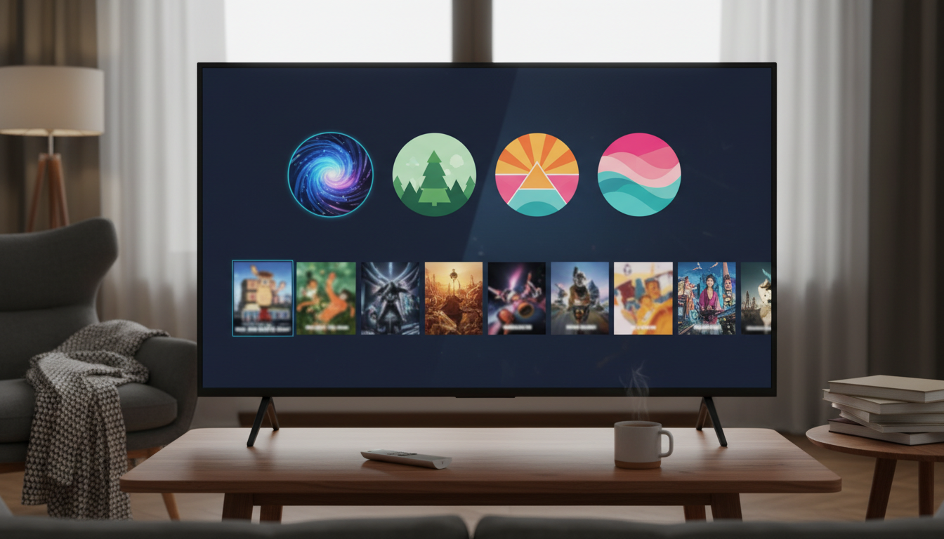 TV screen with multiple user avatars and a watchlist interface, illustrating profiles and lists for family streaming