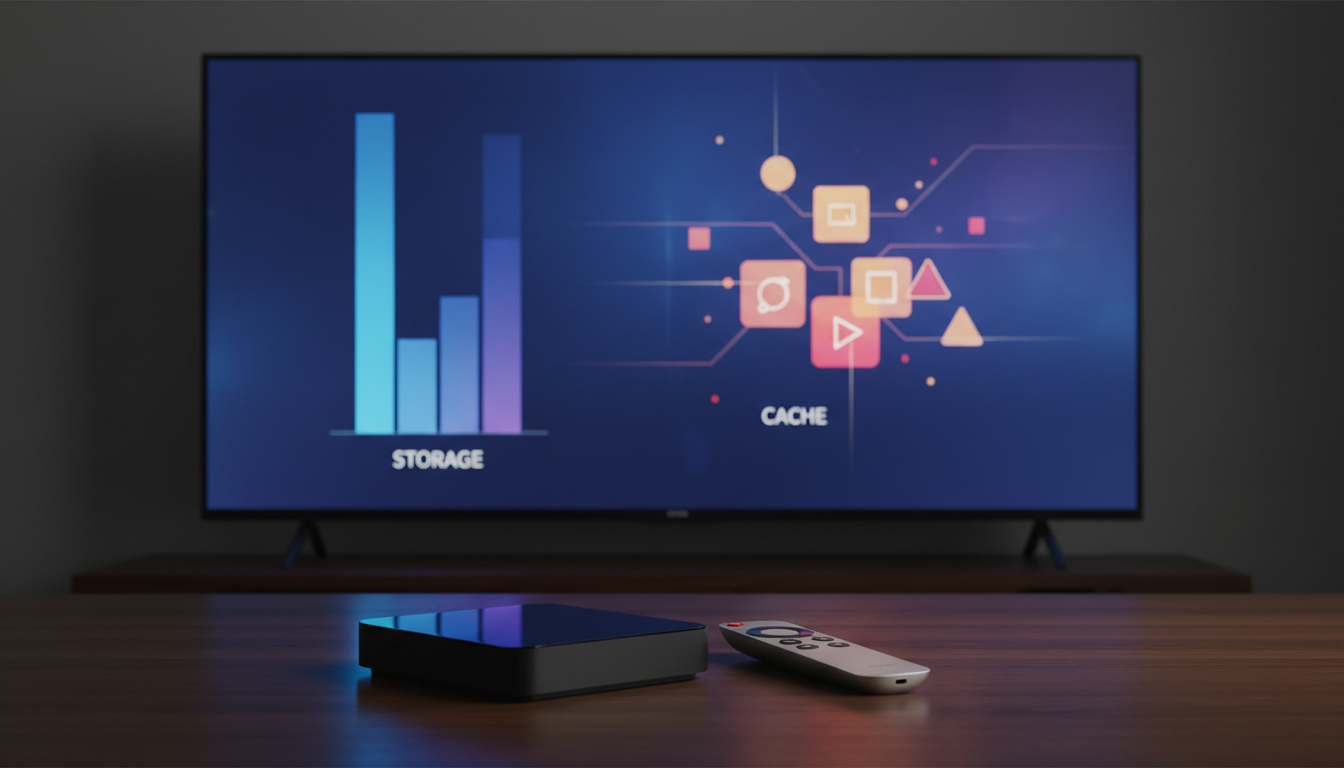 Various unbranded streaming devices on a shelf with a phone showing storage settings and a small external drive
