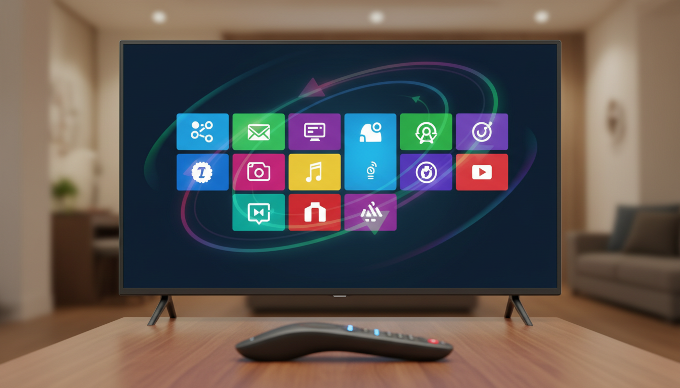 Person initiating an app update from a smartphone while a TV displays a streaming home screen in the background