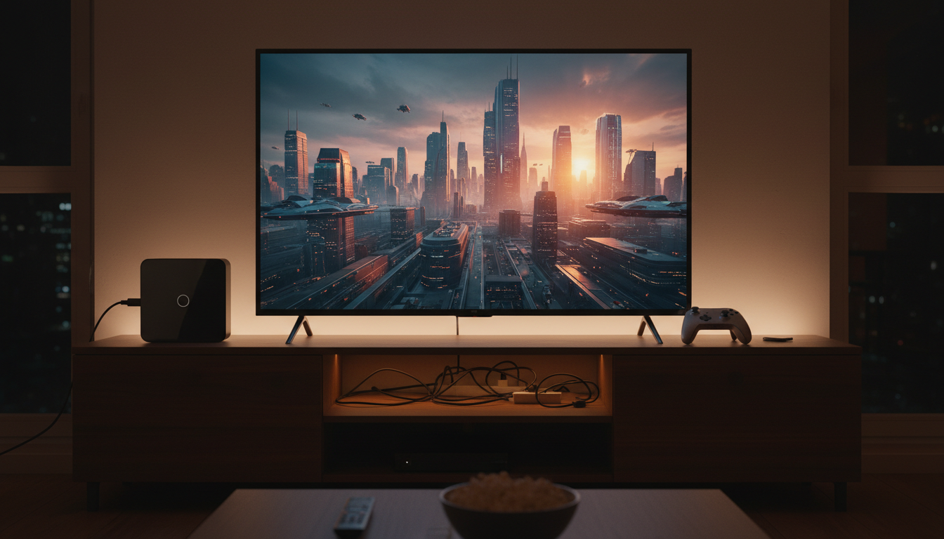 Living room TV with a streaming stick and a game console with a controller, illustrating choices for home entertainment