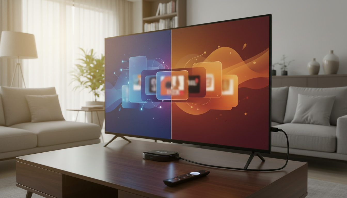Hands connecting a Roku streaming stick to an older television using an HDMI-to-RCA adapter cable