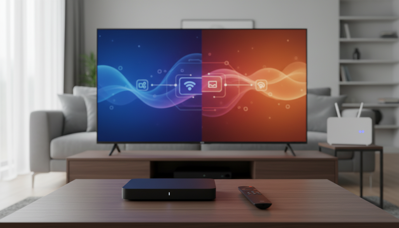 Person holding a streaming remote while a compact streaming device is plugged into a TV and a router glows in the background
