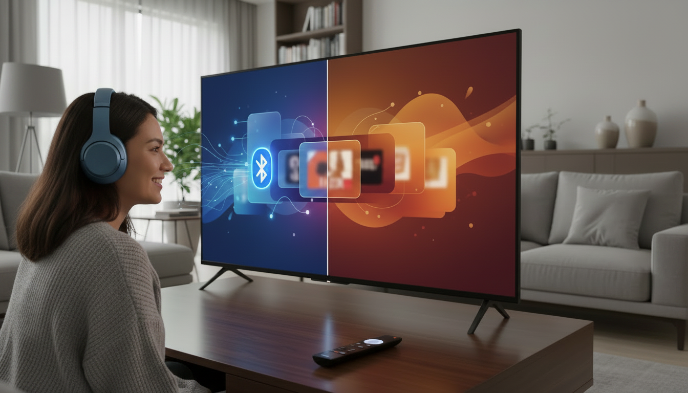 Living room with Smart TV displaying Bluetooth audio settings and a pair of wireless headphones ready to pair