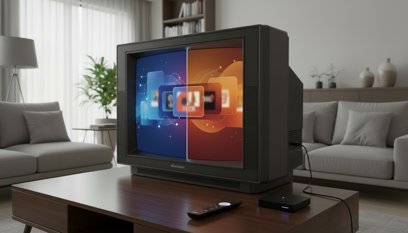Person plugging a streaming stick into an HDMI port on a TV with an external media player and smartphone on a table.