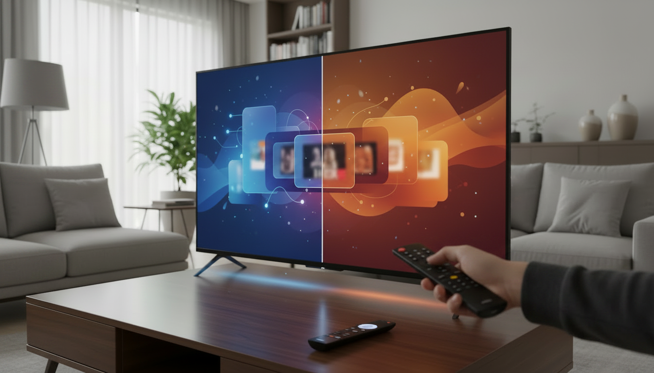 Living room TV showing high-contrast nature scene with an HDMI cable and remote nearby, suggesting 4K HDR streaming setup