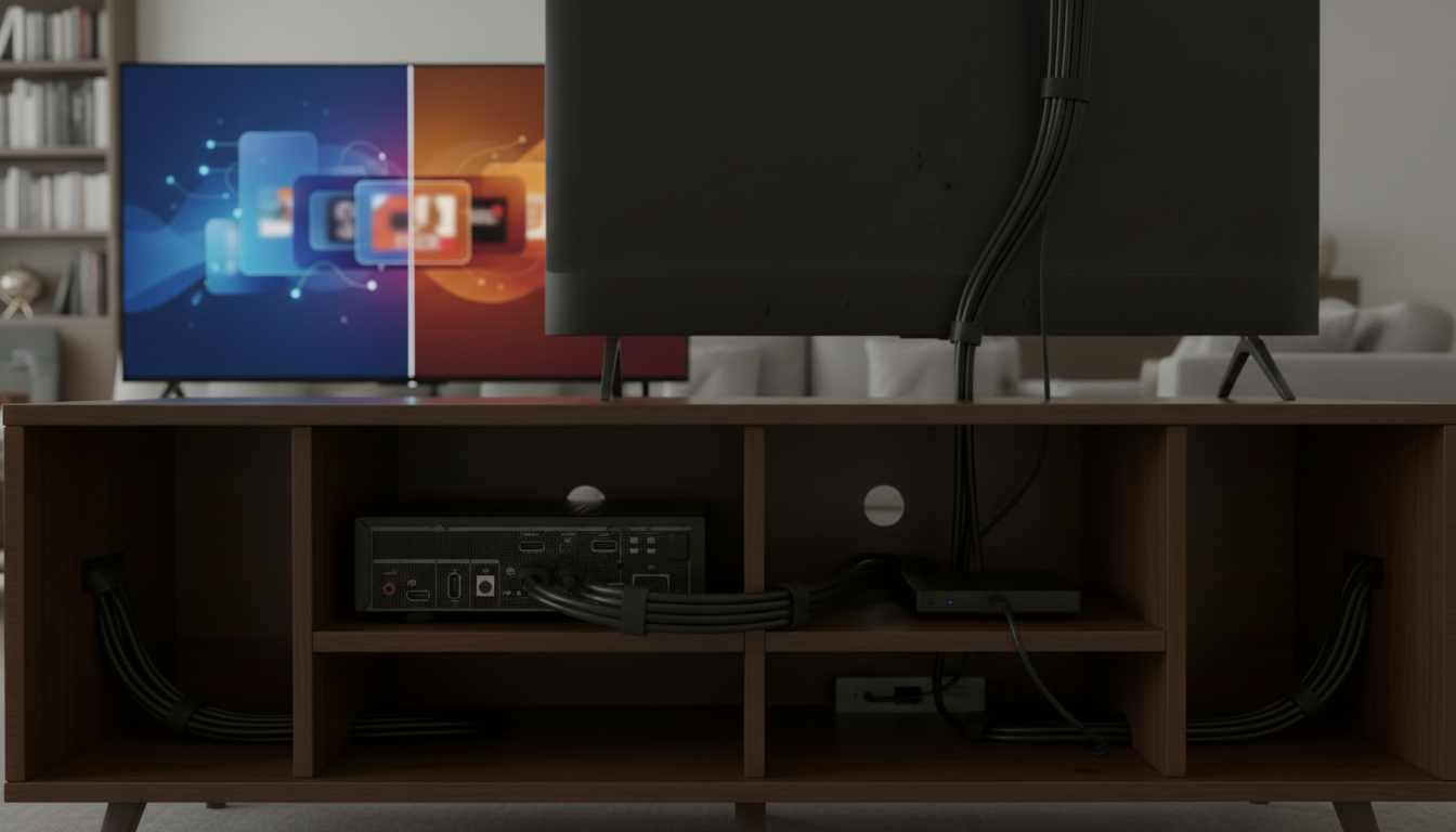 Hands connecting HDMI cable to an AV receiver back panel with HDMI ports and speaker terminals visible