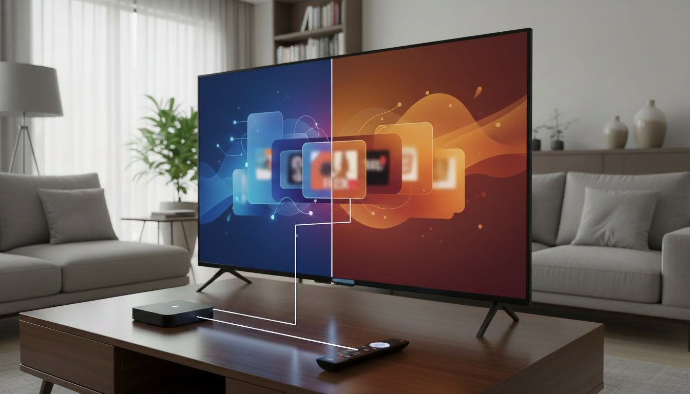 Living room TV and streaming device connected by HDMI, hand holding a single remote.