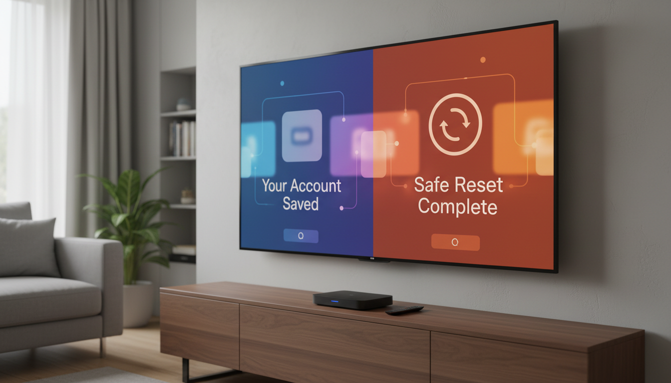 Remote and smartphone beside a TV displaying a setup screen, with a checklist titled “Before you reset”