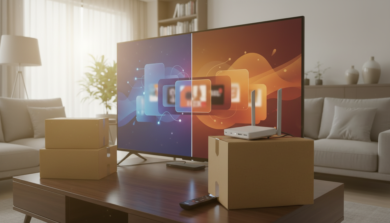 Living-room corner in a new apartment showing a TV, streaming device, router and tidy cable management.