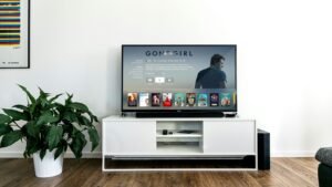 Home media server rack with TV showing a personal media library interface