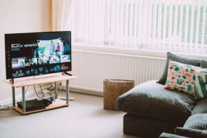 Home media setup showing a laptop and TV with a media player interface accessing local and network files