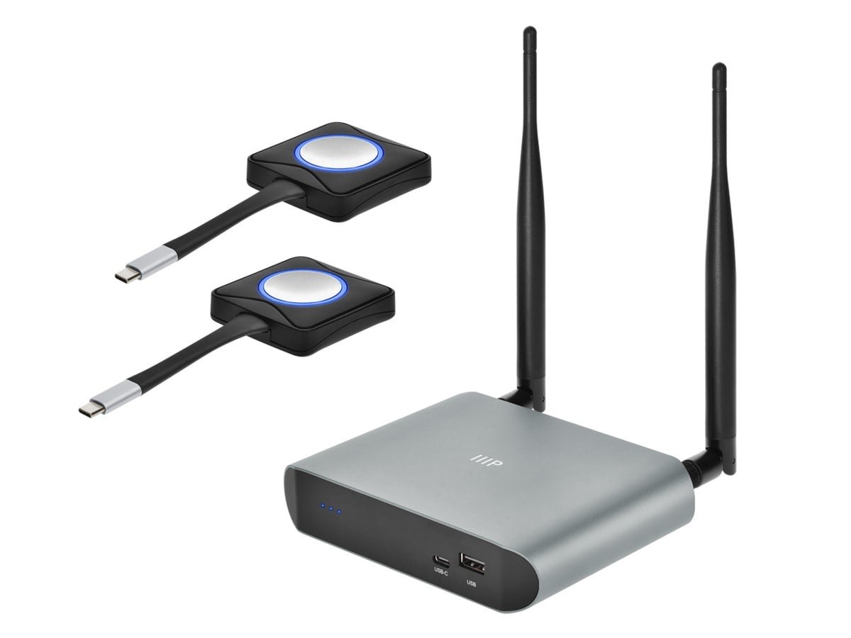 Wireless presentation transmitters used to mirror a laptop display to a television