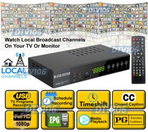 Digital television tuner with antenna and input connections for broadcast reception