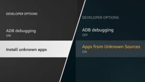 Fire TV settings screen showing the install unknown apps option