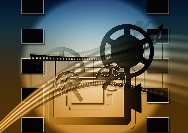 Split image of vintage film reel and modern film-scanning equipment with labels for theatrical, director's cut, and remaster