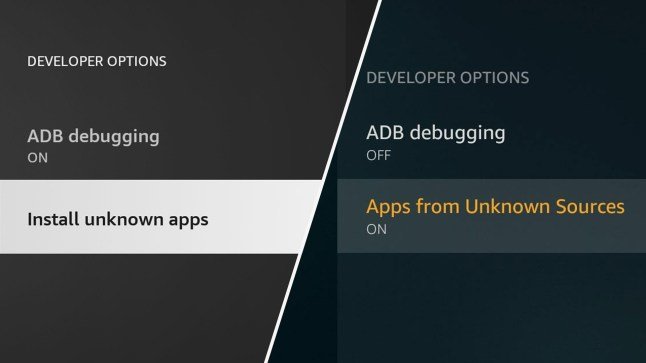 Fire TV settings screen showing the install unknown apps option