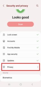 Mobile privacy and security settings screen for reviewing application access