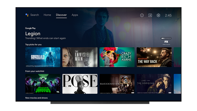 Connected TV home screen displaying app discovery and content recommendation rows