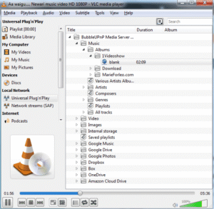 Media player browsing shared folders and devices on a local network