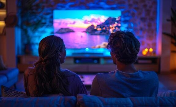 Person holding tablet with a silhouetted movie poster while nearby screens are blurred to avoid showing spoilers