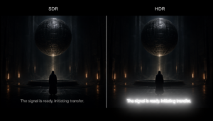 HDR comparison showing subtitle brightness and contrast on a television display