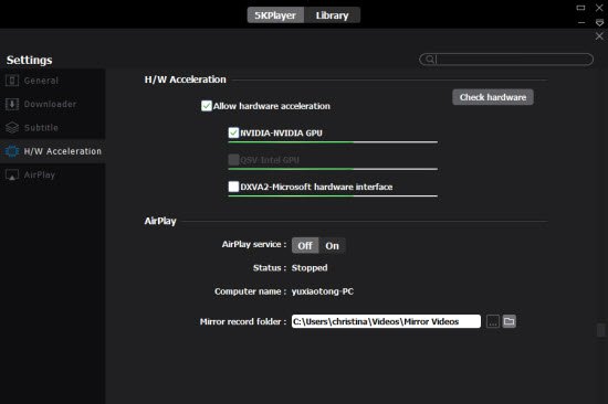 Media player hardware acceleration settings for video decoding