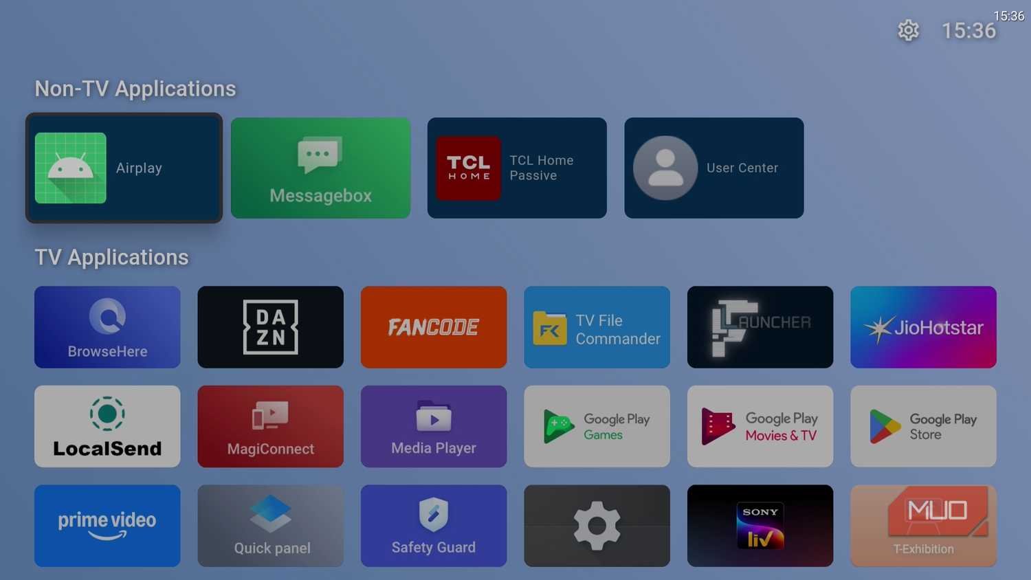 Smart TV launcher showing streaming apps organized into a clean home-screen layout