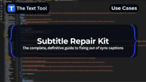 Subtitle repair toolkit graphic for correcting timestamps and damaged caption files