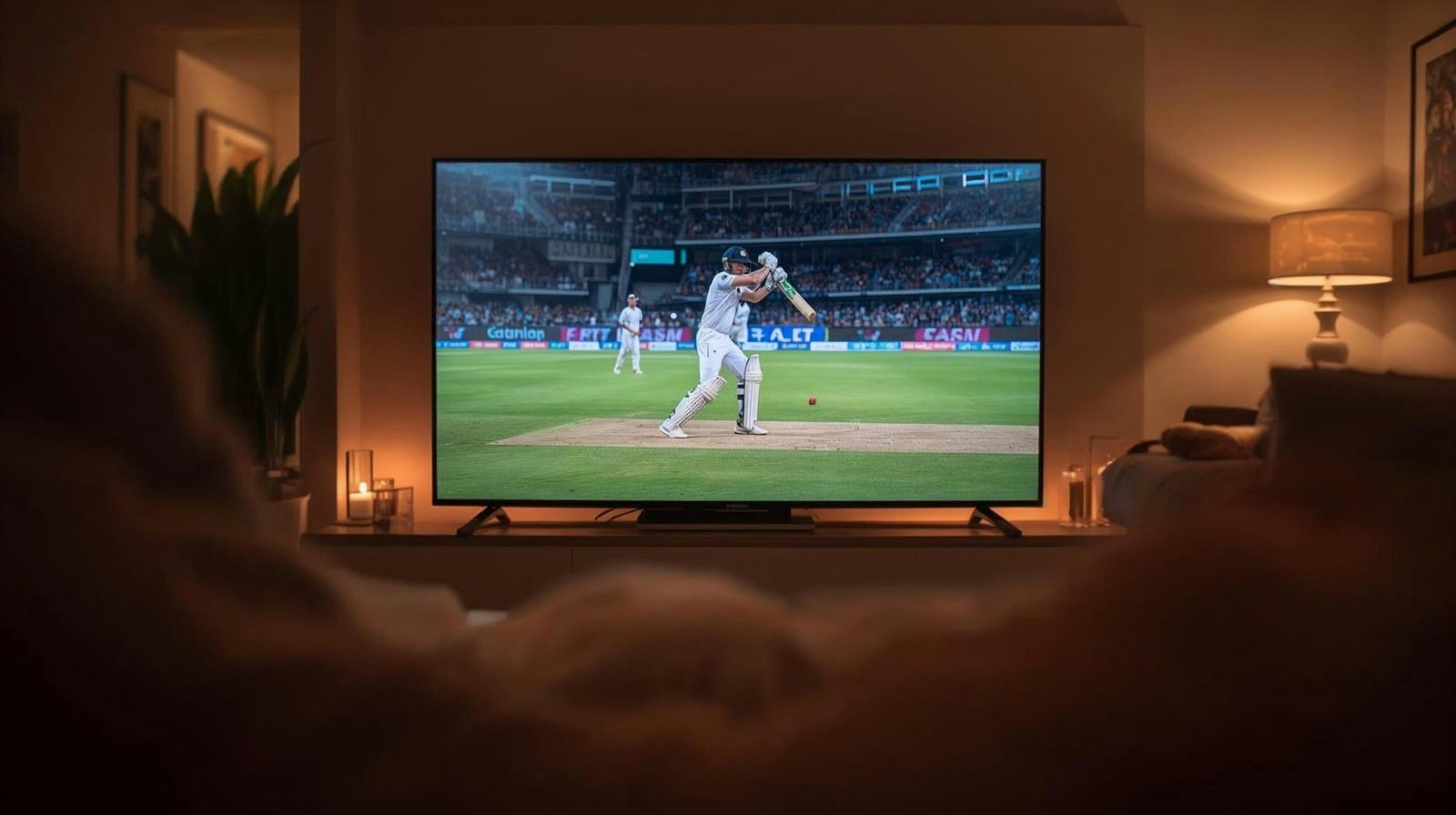 Living room setup for a live sports match with wired router connection visible
