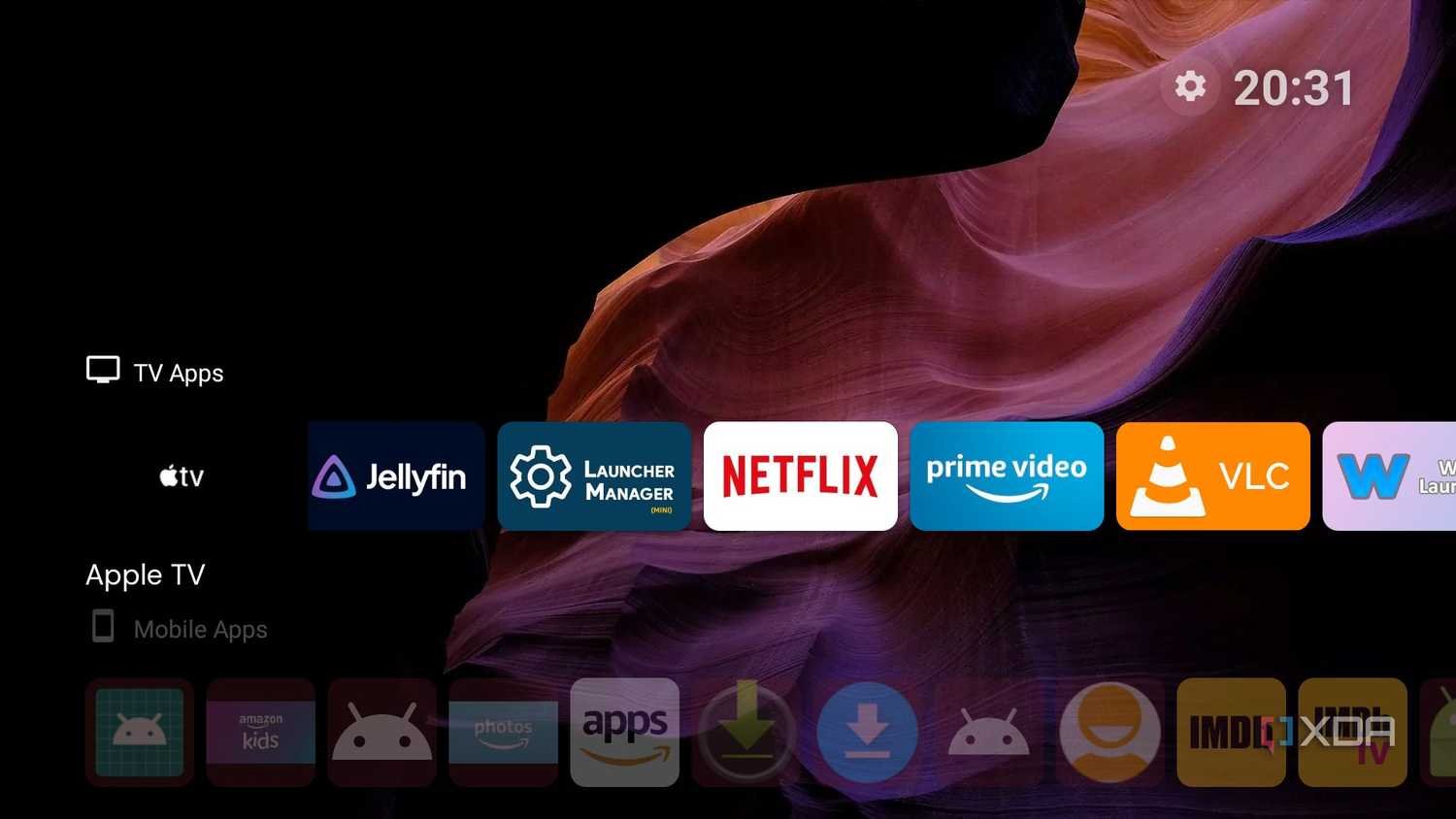Connected TV screen displaying a selection of streaming applications and media services