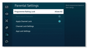 Smart TV parental controls menu with programme, channel, and app lock options