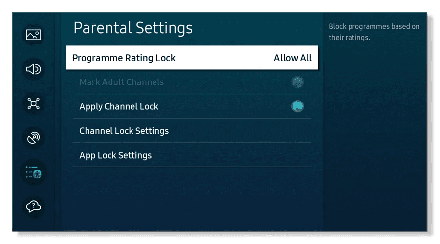 Smart TV parental controls menu with programme, channel, and app lock options