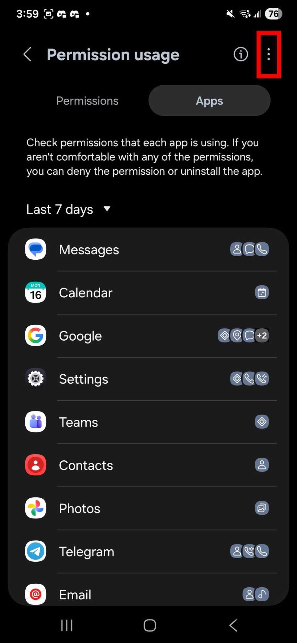 Mobile privacy audit screen listing applications with access to device permissions