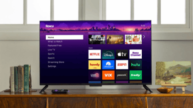 Living-room TV showing a mosaic of show thumbnails with abstract algorithmic overlay representing AI-powered content discovery