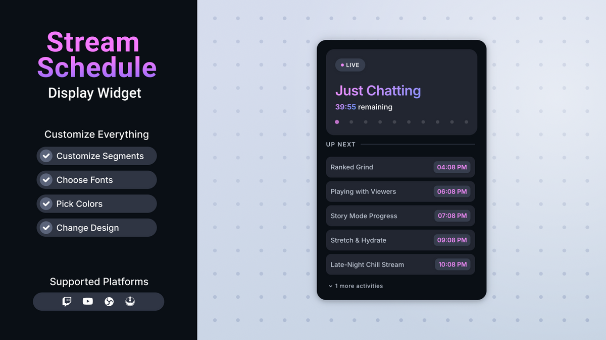 Streaming schedule widget interface illustrating recommendation and discovery components