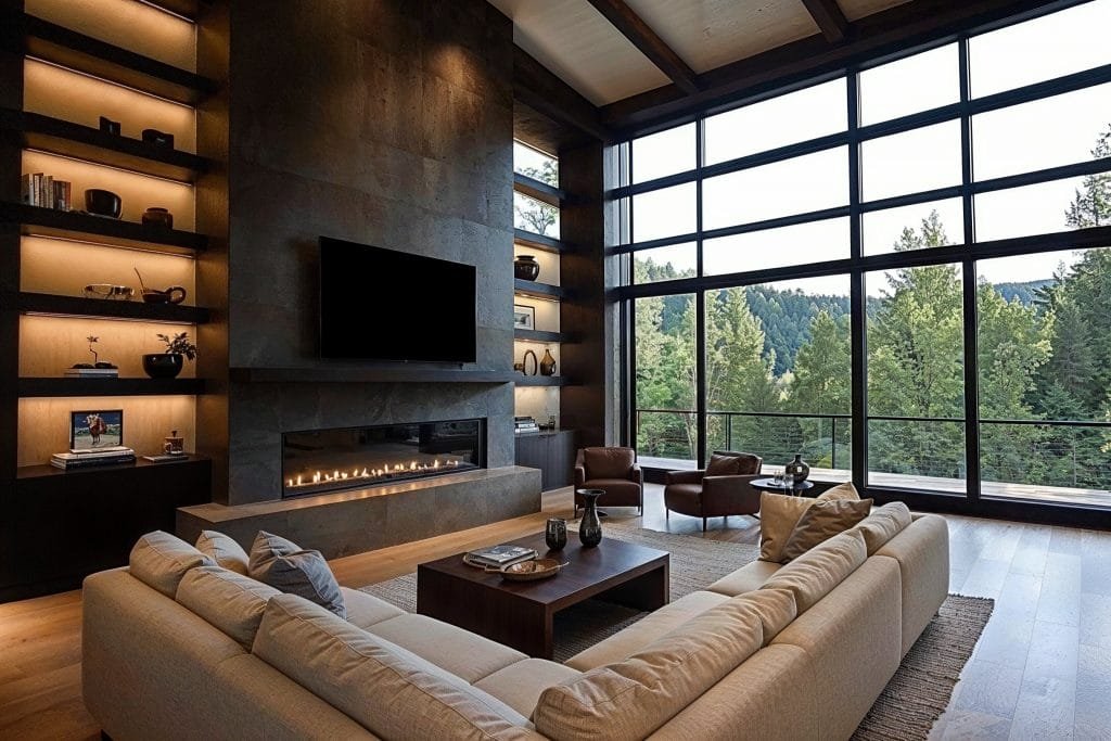 Smart home devices arranged in a living space near a television