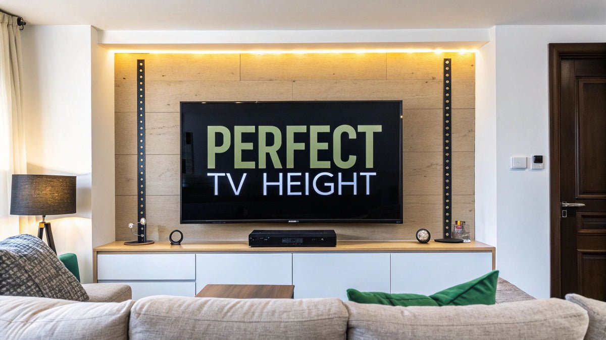 Wall-mounted television positioned at a comfortable viewing height in a living room