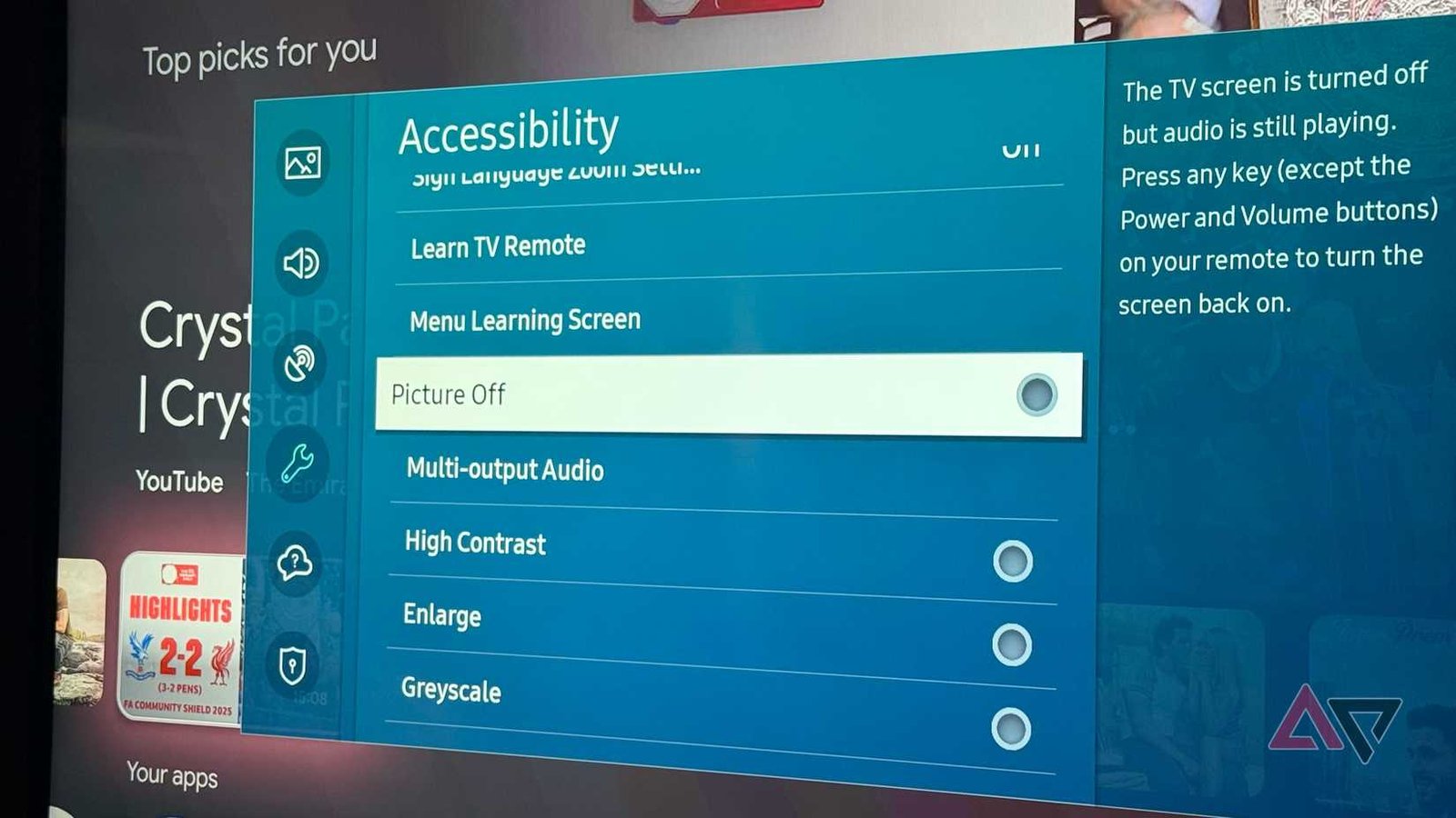 Smart TV accessibility settings menu used when testing streaming app usability