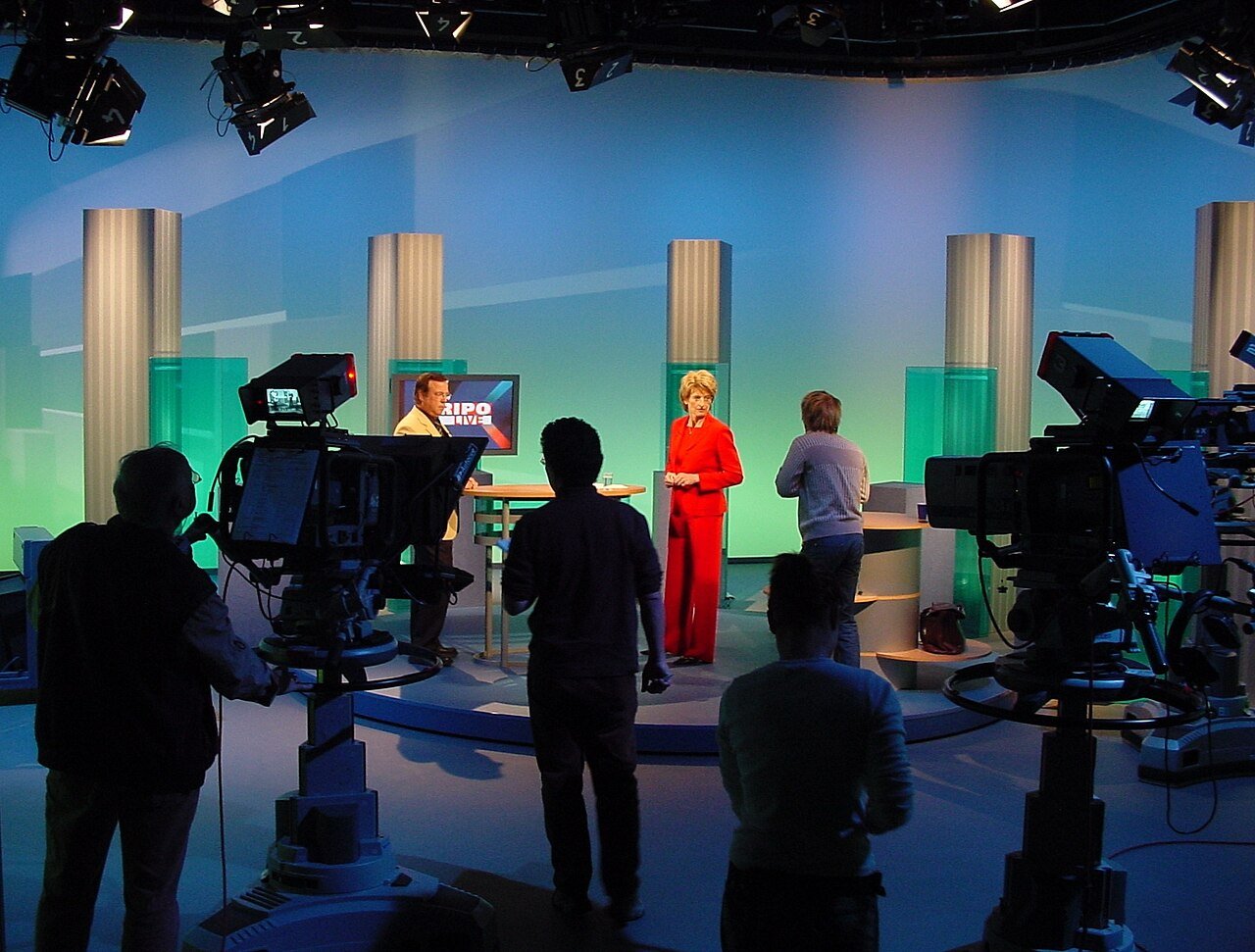 Broadcast studio with screens for live entertainment programming