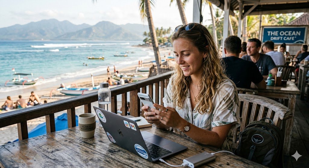 Traveler watching IPTV on a laptop while abroad with international streaming access