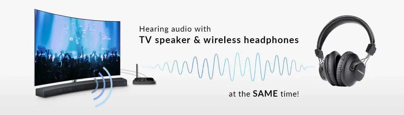 Television, sound system, and wireless headphones illustrating simultaneous audio output