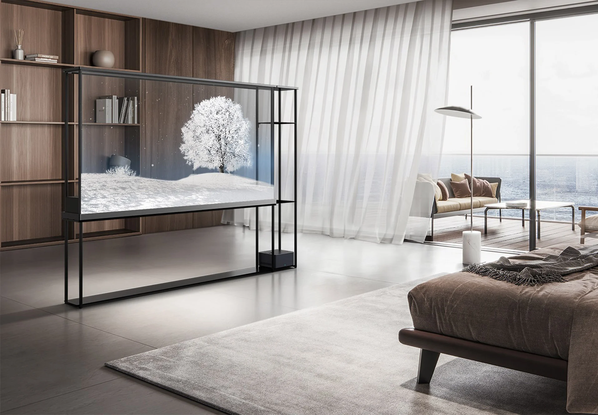 Modern living room with a transparent smart TV for home entertainment streaming
