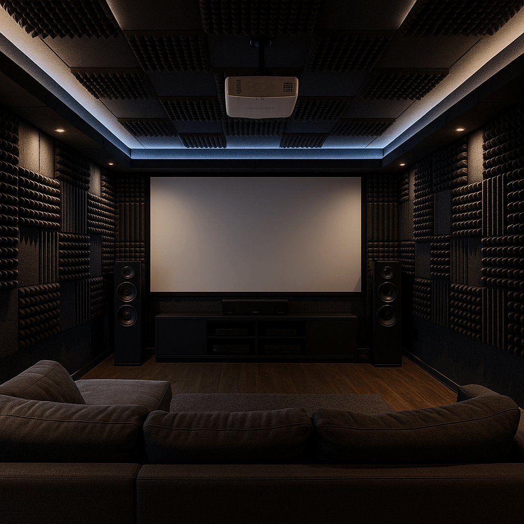 Small home theater with acoustic treatments designed to improve television audio